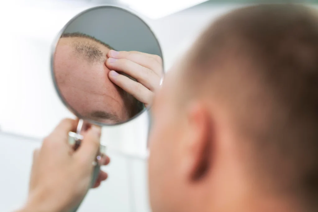 Adult male with balding problems looking at his hair in the mirror.
